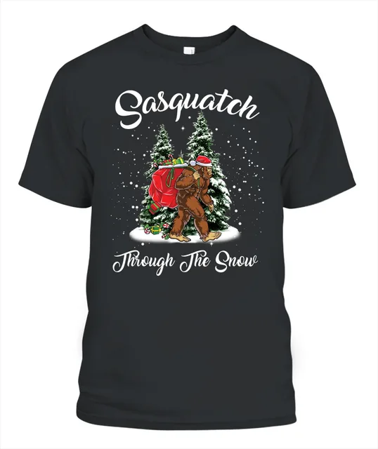 Sasquatch Squatching Through The Snow Bigfoot Carrying Christmas Tree Holiday Winter T-Shirt
