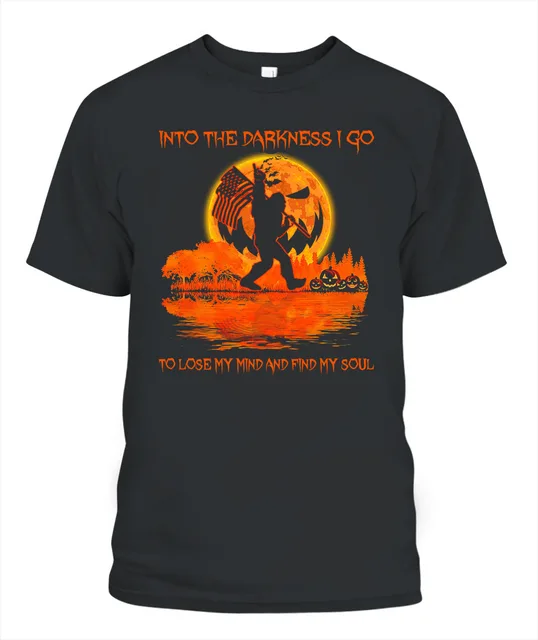 Into The Darkness I Go Bigfoot Halloween Full Moon Pumpkin Forest Sasquatch Tee