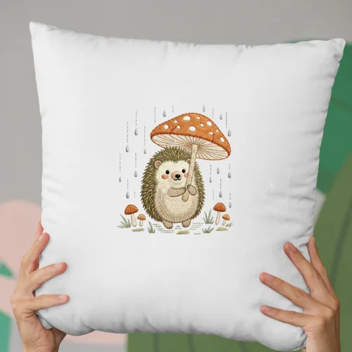 Hedgehog Mushroom Pillow – Cute Woodland Animal Cottagecore Nature Aesthetic Throw Pillow