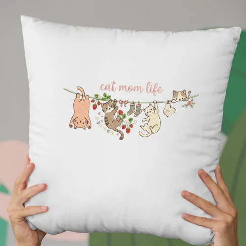 Cat Mom Life Pillow Cover – Cute Hanging Cats Floral Strawberry Decorative Cushion