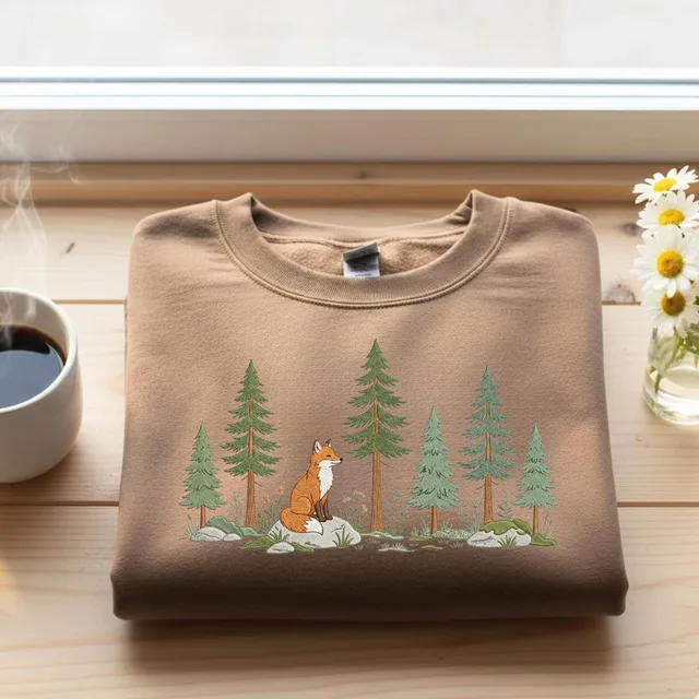 Woodland Fox Sweatshirt – Forest Animal Pine Trees Cottagecore Baby Aesthetic Cute Graphic Crewneck Pullover