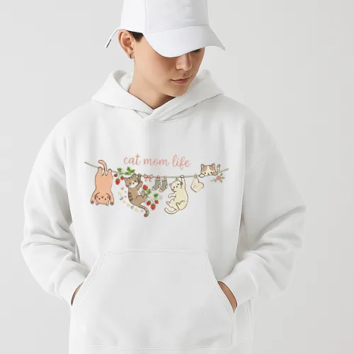 Cat Mom Life Hoodie – Cute Hanging Cats Floral Strawberry Design Kitty Lover Graphic Pullover
