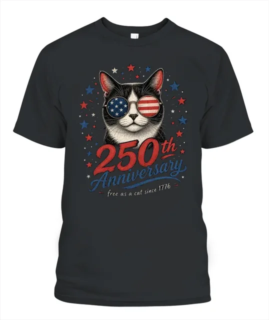 250th Anniversary America Usa Flag Sunglasses Cat Patriotic 250 Years July 4th Shirt