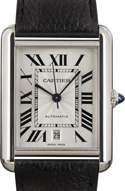 CARTIER Tank Must XL Automatic Steel Black Leather Silver Dial Watch