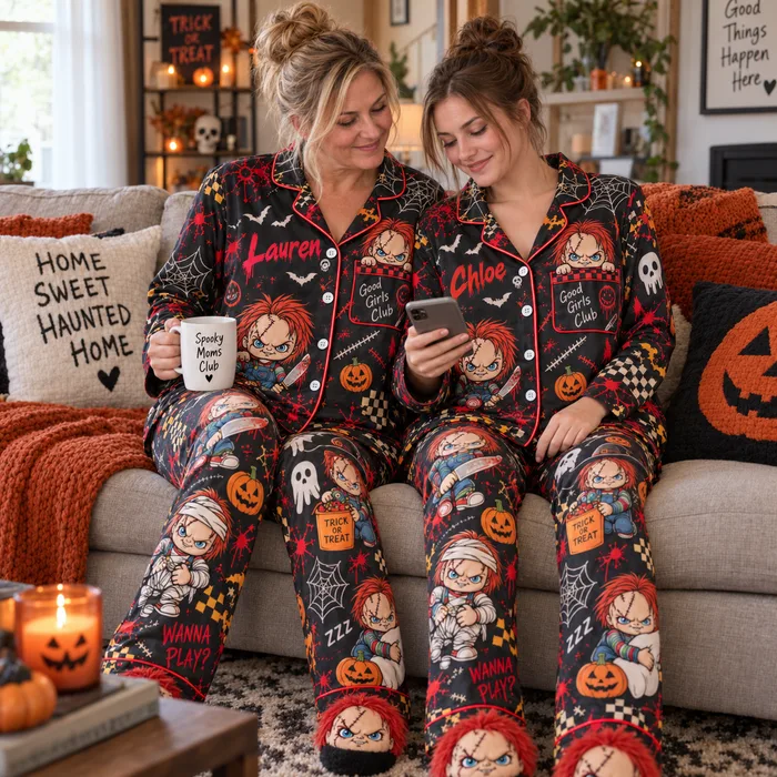 Good Girls Club Creepy Doll Pajama Set, Custom Name Women Loungewear, Horror Movie Fan Gift