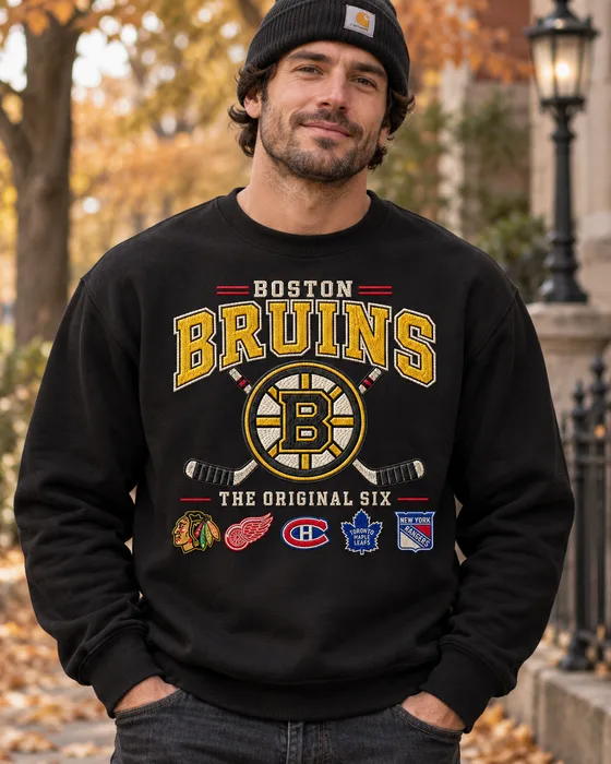 Boston Bruins Original Six Premium Embroidered Hockey Hoodie – Vintage Heritage Pullover Sweatshirt