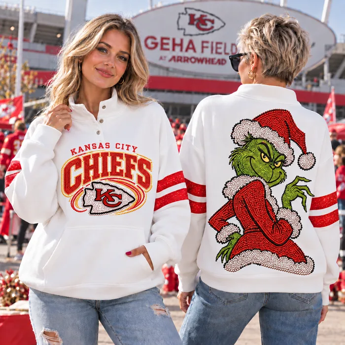 Kansas City Chiefs | Women Football Game Day Christmas Grinch Rhinestone Graphic Snap Collar Sweatshirt
