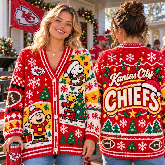 Kansas City Chiefs | Christmas Snoopy Peanuts Ugly Button Front Knit Cardigan Sweater