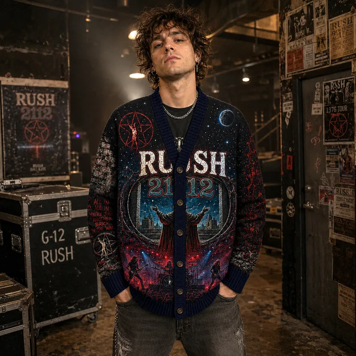 Rush A Farewell to Kings 1977 Cardigan, Alex Lifeson Moving Pictures Classic Rock Design