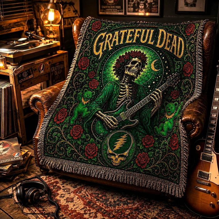 Grateful Dead Steal Your Face Skull & Roses Woven Throw Blanket, Jerry Garcia Birthday Celebration 2026