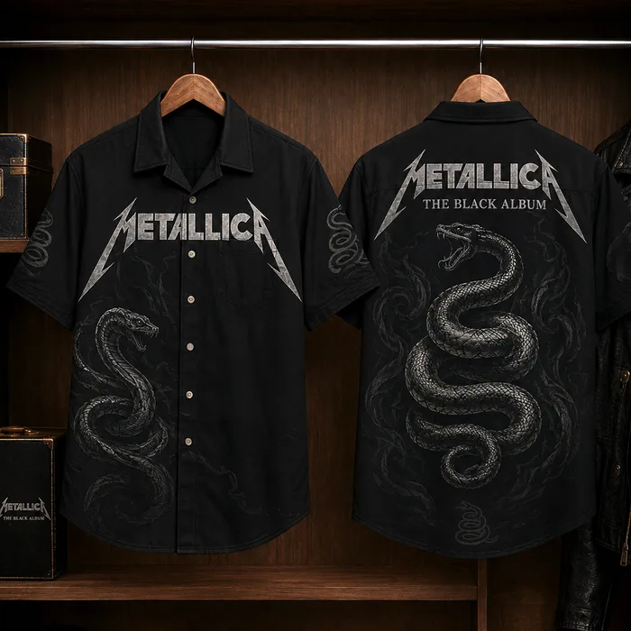 Metallica Black Album Hawaiian Shirt, 1991 Heavy Metal Button Up, James Hetfield Enter Sandman Era
