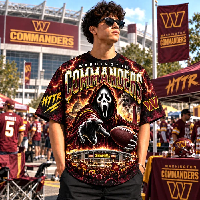 Washington Commanders Horror Mask 3D Football Shirt, Burgundy Gold Graphic Tee, WAS NFC East Rivalry
