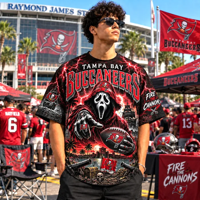 Tampa Bay Buccaneers Fire the Cannons Horror 3D Football Shirt, Pirate Ship Artwork, TB NFC South Rivalry