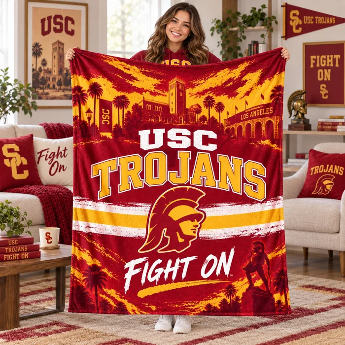 USC Trojans Football Throw Blanket, Fight On LA Spirit, Memorial Coliseum Football Style