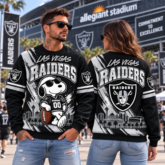 Las Vegas Raiders Snoopy Christmas Sweatshirt, Snoopy Holiday Football Artwork, LV Allegiant Stadium Raider Nation