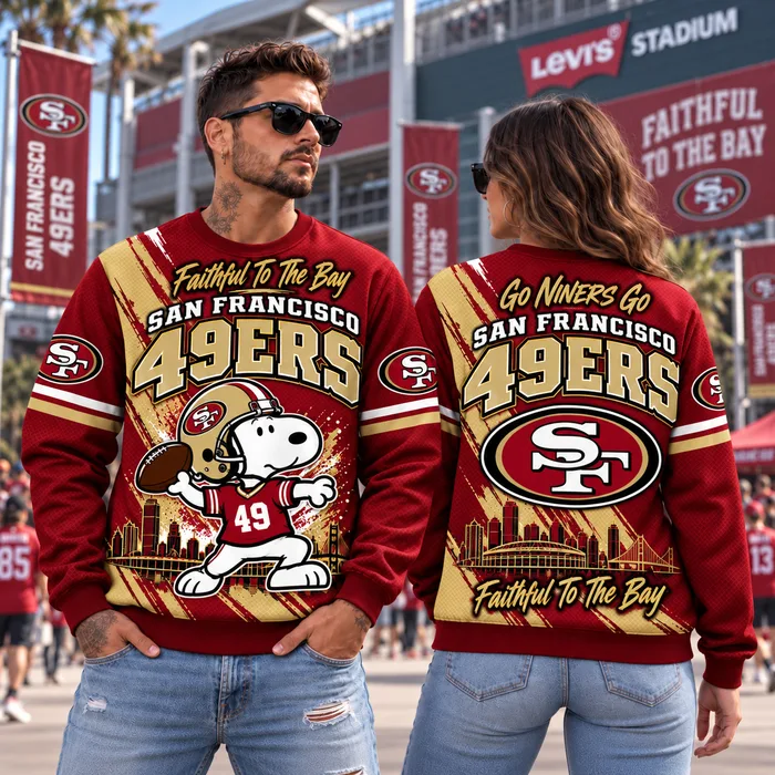 San Francisco 49ers Snoopy Christmas Sweatshirt, Snoopy Touchdown Winter Graphic, SF Levis Stadium Faithful Style