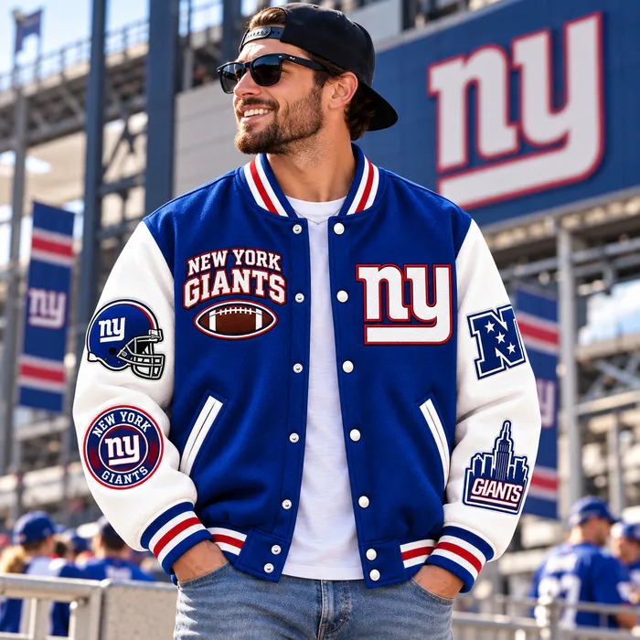 New York Giants Varsity Jacket, Big Blue Retro Fan Style, Once a Giant Always a Giant Fan Pride
