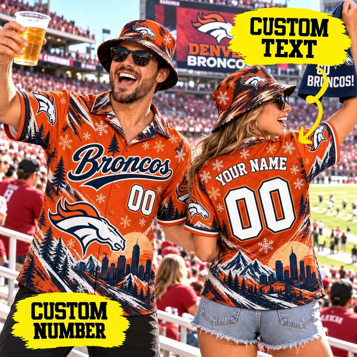 Custom Denver Broncos Hawaiian Shirt with Name Number, Personalized Football Fan Aloha Button Up, DEN Broncos Style
