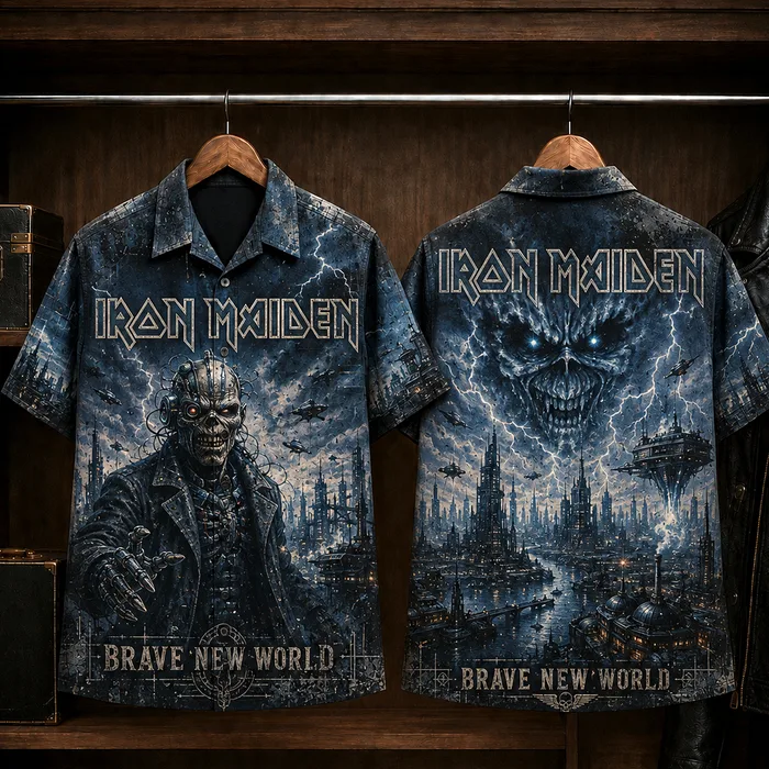 Iron Maiden Brave New World Hawaiian Shirt, 2000 Heavy Metal Button Up, Bruce Dickinson Reunion Era