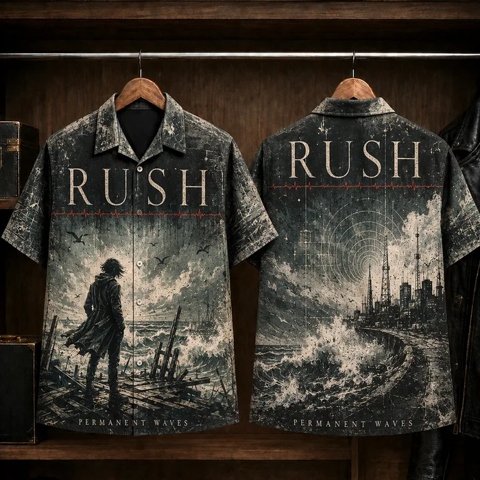 Rush Permanent Waves Hawaiian Shirt, 1980 Progressive Rock Button Up, Permanent Waves World Tour Era
