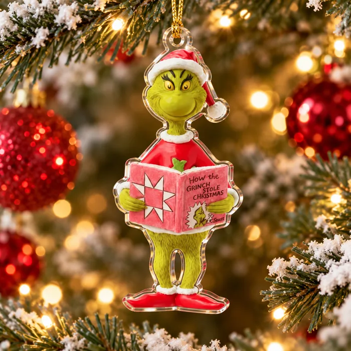 The Grinch Climbing Ladder Acrylic 2D Ornament, Holiday Ladder Character Tree Decor, Christmas Ornament Lover Gift