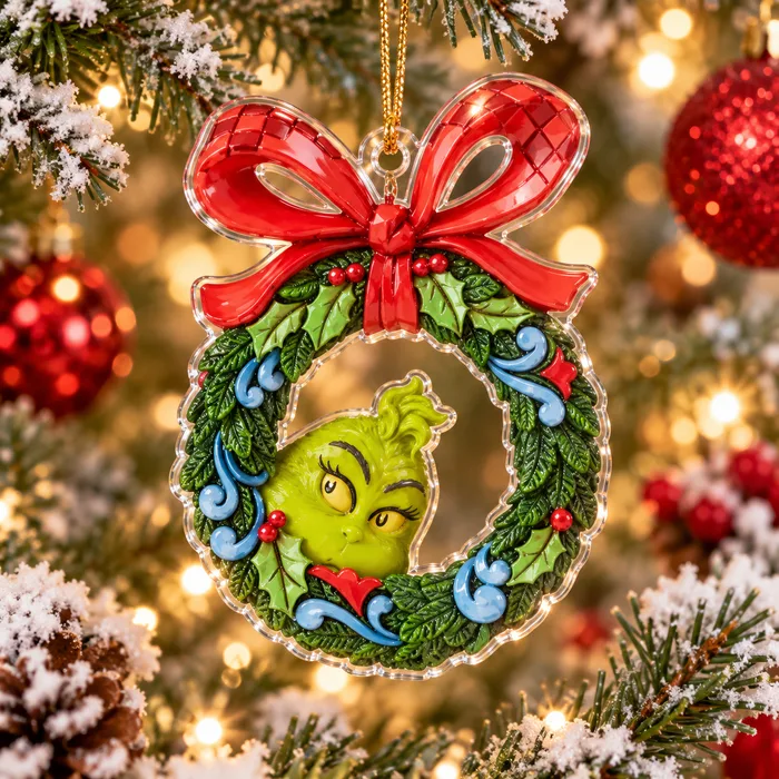 The Grinch Present Climber Christmas Acrylic Ornament, Funny Green Character Holiday Decor, Holiday Hostess Gift Idea