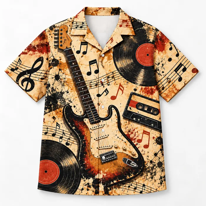 Vintage Electric Guitar Hawaiian Shirt, Vinyl Records & Cassette Tapes, Retro Music Aloha