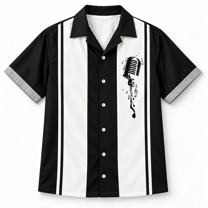 Vintage Microphone Hawaiian Shirt, Black White Stripes & Music Notes, Retro Singer Button Up