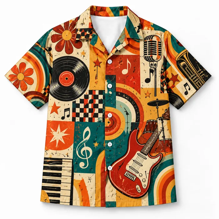 Vintage Music Collage Hawaiian Shirt, Guitar Vinyl Microphone Piano Keys, Retro Rock Aloha