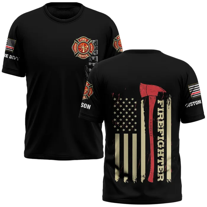 Custom Name Fire Department Thin Red Line Firefighter #DQH0014 - AOP T-shirt