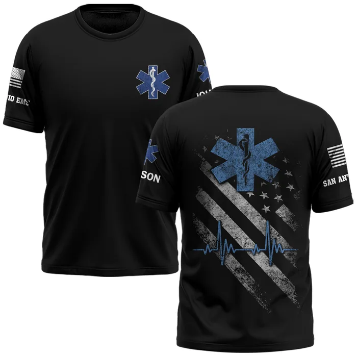 Custom Name & Department Star Of Life EMS Heartbeat Patriot First Responders #DQH0542 - AOP T-shirt