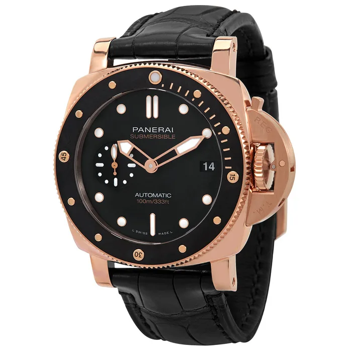 Panerai Submersible 42MM 18kt Rose Gold Case Leather Strap Men's Watch