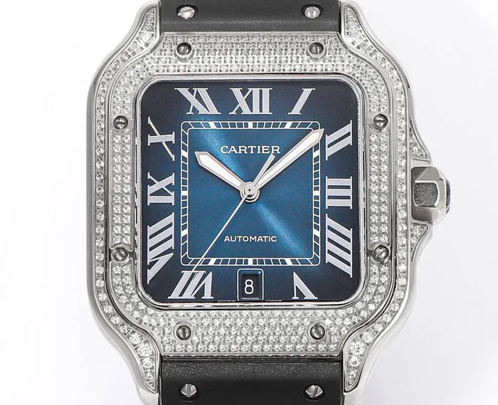 Cartier Santos Blue Dial Custom Full Moissanite Diamonds Best Replica 39.8mm Watch