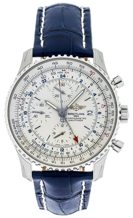 Breitling Navitimer World Chronograph Automatic Silver Dial Blue Leather Men's Watch A2432212-G571BLCD A2432212-G571-747P-A20D.1 46mm