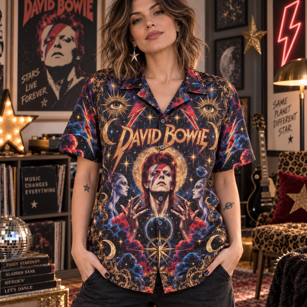 David Bowie Cosmic Portrait Hawaiian Shirt, Glam Rock Button Up, Music Fan Gift