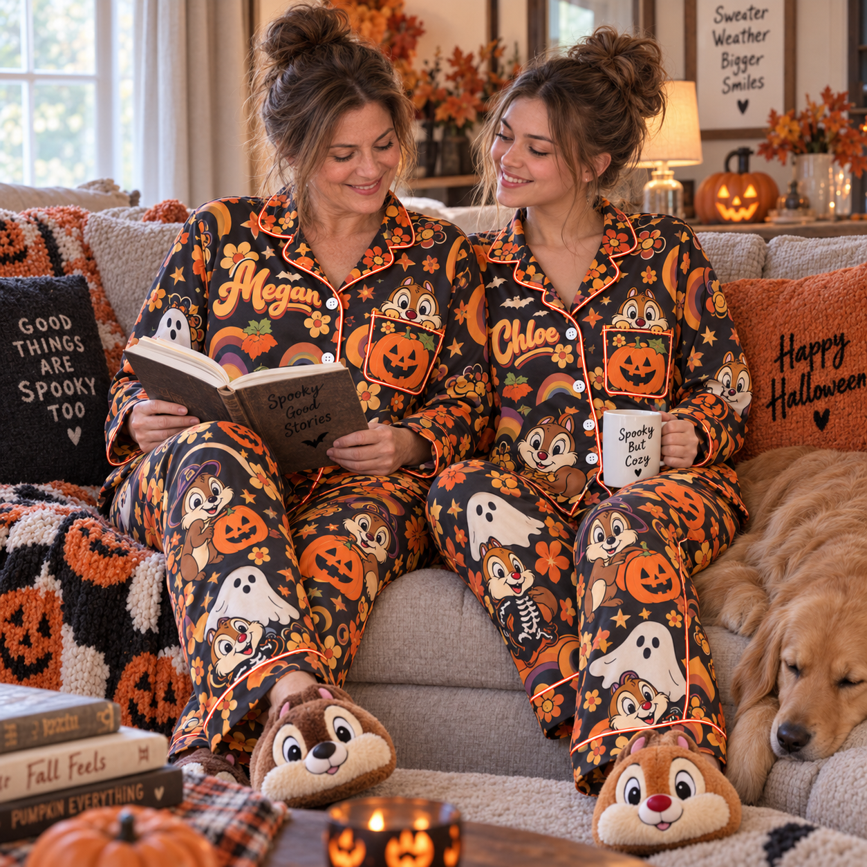 Chipmunk Duo Pumpkin Fun Pajama Set, Custom Name Women Loungewear, Fall Cozy Gift