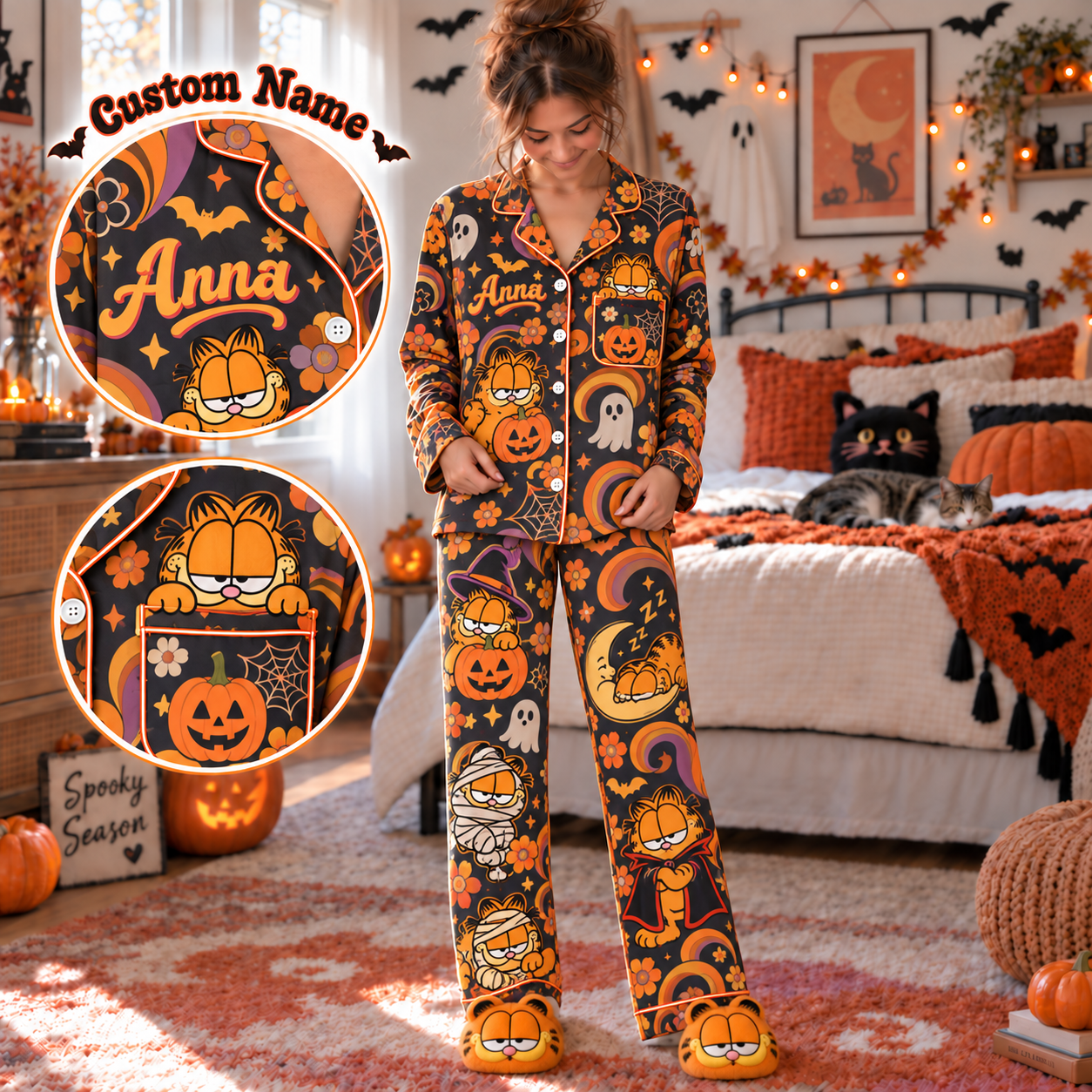 Orange Cat Halloween Movie Night Pajama Set, Custom Name Women Loungewear, Lazy Spooky Season Gift