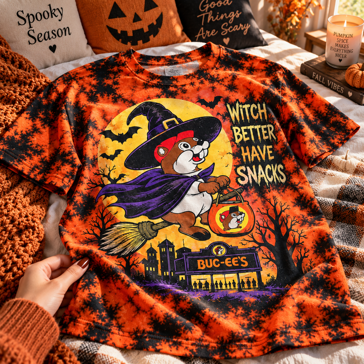 Buc-ee's Halloween Shirt, Witch Better Have Snacks, Orange Tie Dye Tee