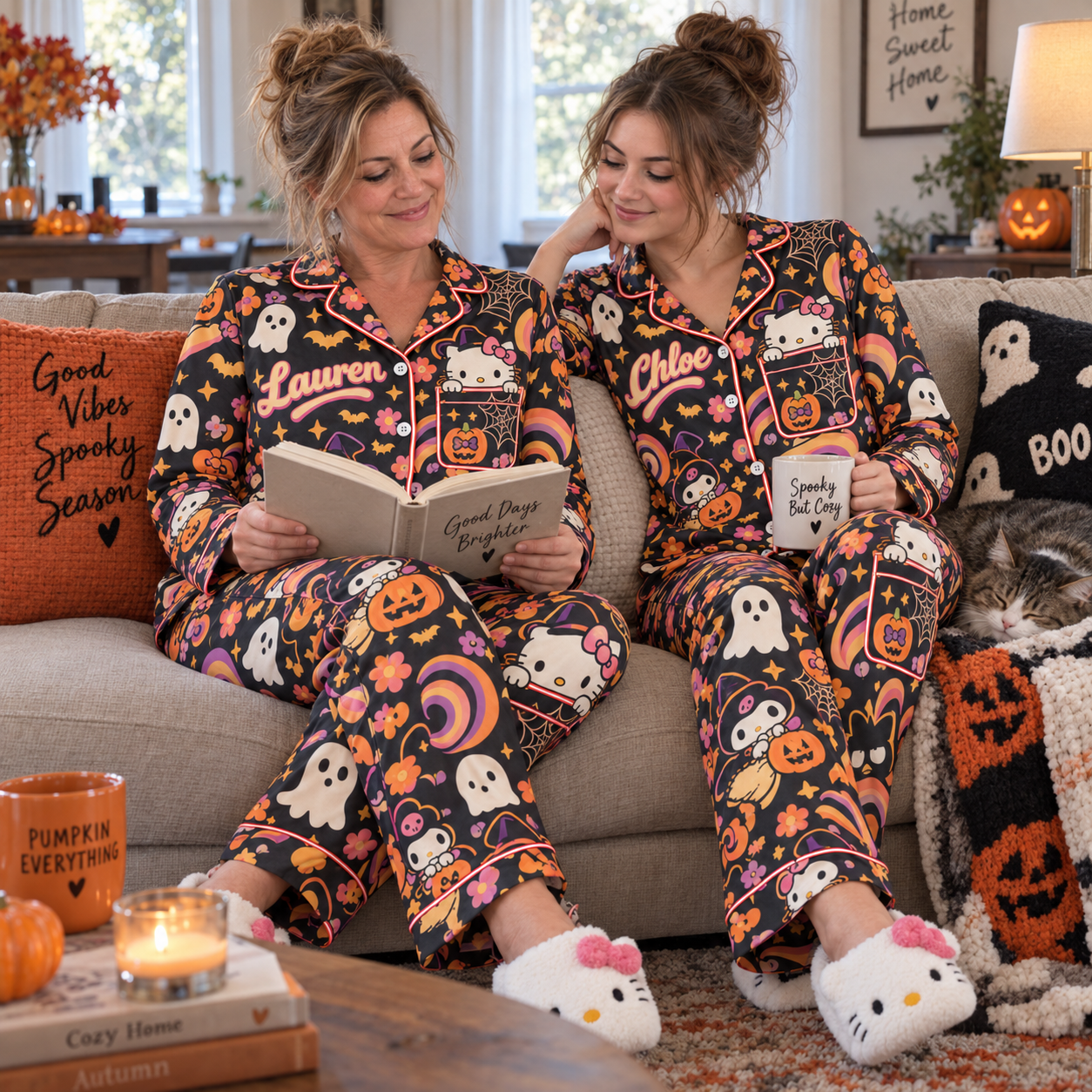 Kawaii White Kitty And Friends Pajama Set, Custom Name Women Loungewear, Cute Spooky Season Gift