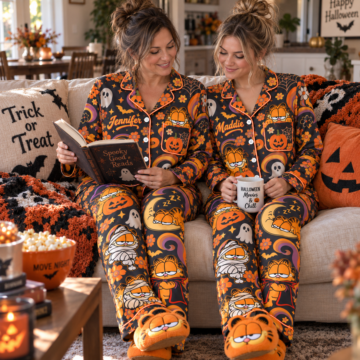Orange Cat Halloween Movie Night Pajama Set, Custom Name Women Loungewear, Lazy Spooky Season Gift