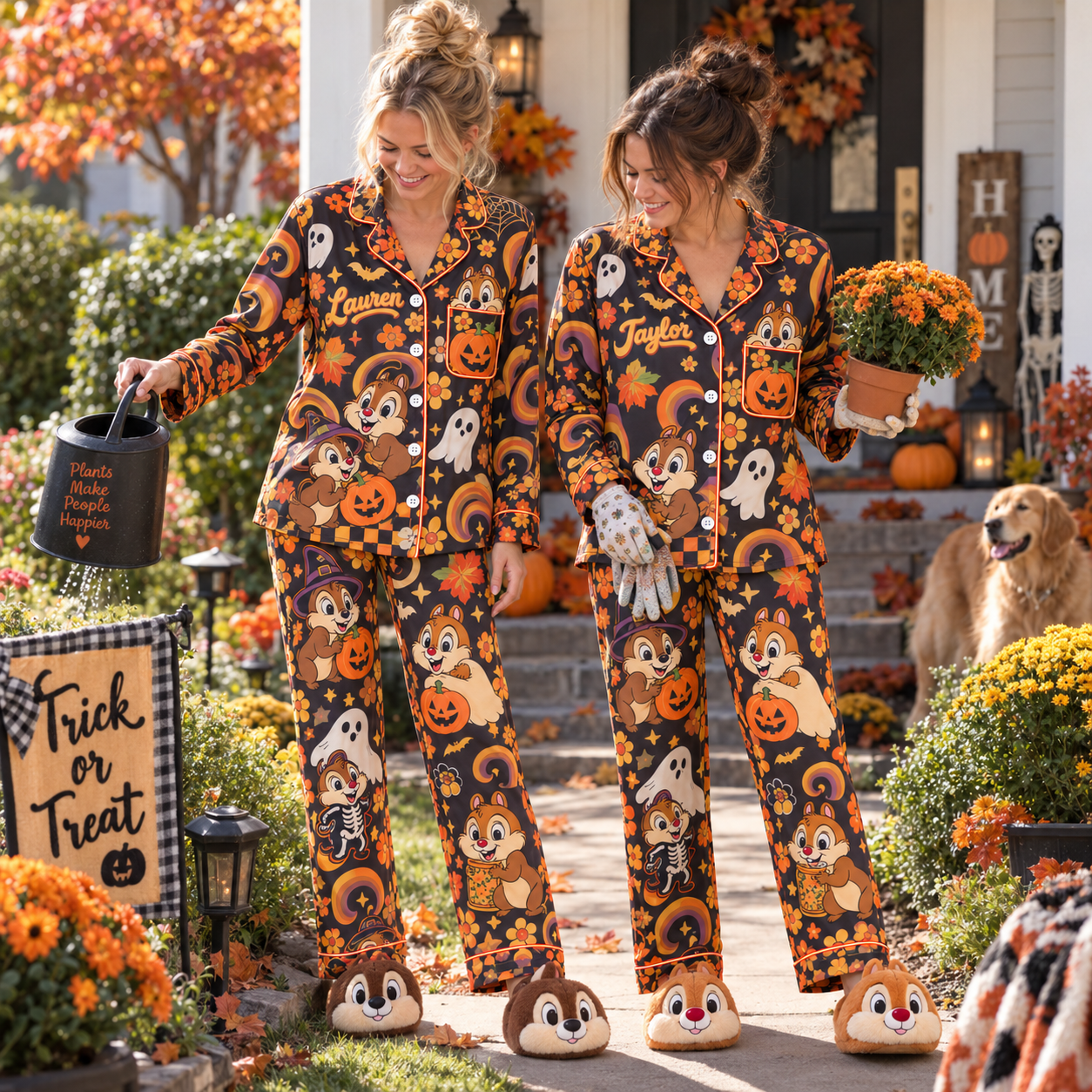 Chipmunk Duo Pumpkin Fun Pajama Set, Custom Name Women Loungewear, Fall Cozy Gift