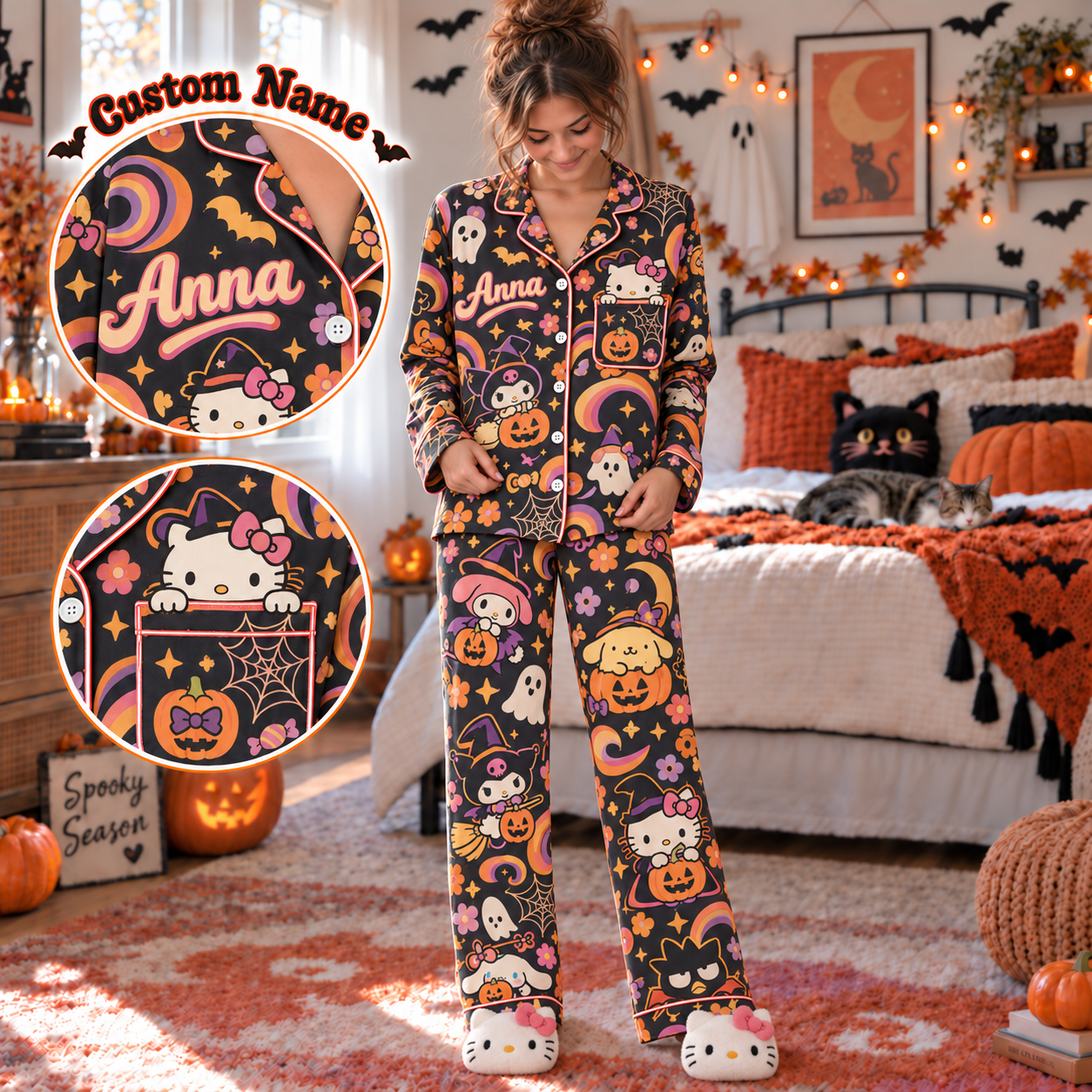 Kawaii White Kitty And Friends Pajama Set, Custom Name Women Loungewear, Cute Spooky Season Gift