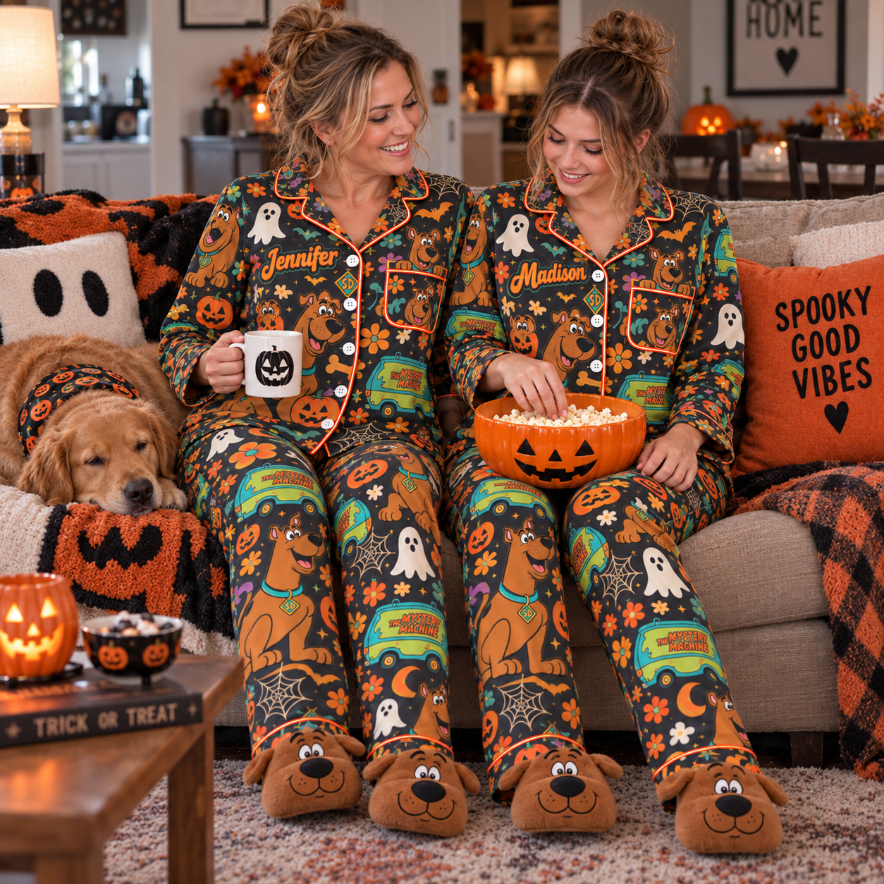 Mystery Dog Van Adventure Pajama Set, Custom Name Women Loungewear, Spooky Cartoon Gift