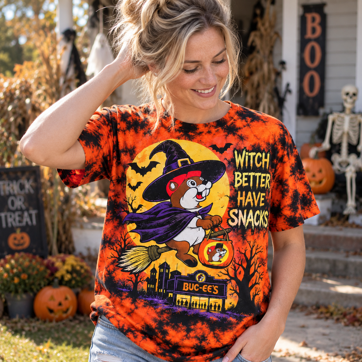 Buc-ee's Halloween Shirt, Witch Better Have Snacks, Orange Tie Dye Tee