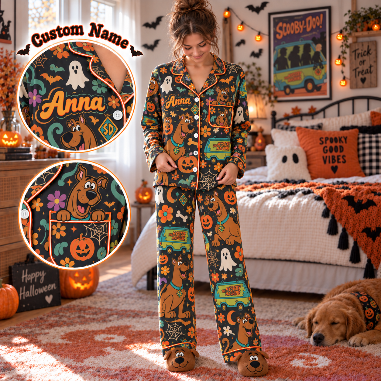 Mystery Dog Van Adventure Pajama Set, Custom Name Women Loungewear, Spooky Cartoon Gift