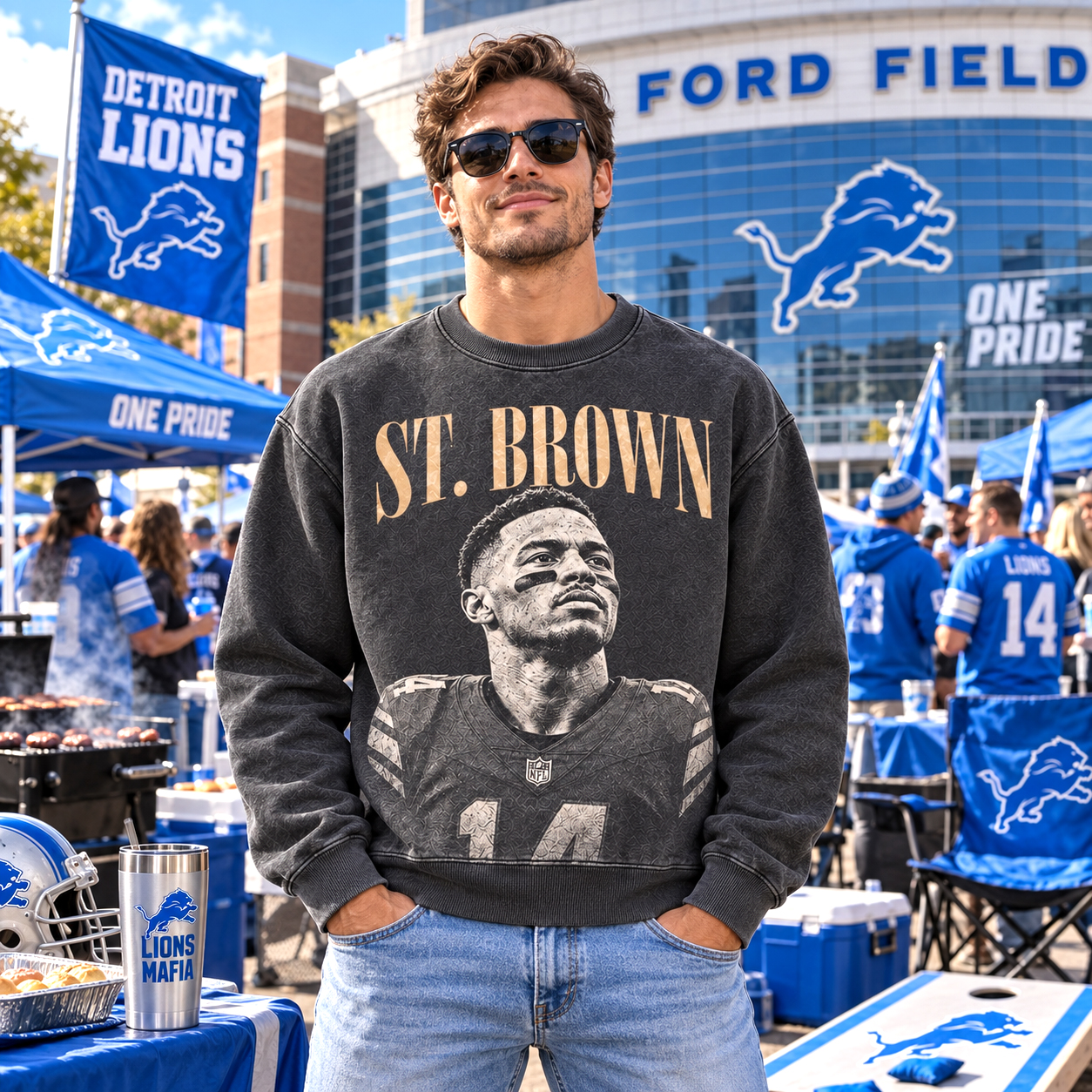 Detroit Lions St. Brown #14 Portrait Graphic Sweatshirt