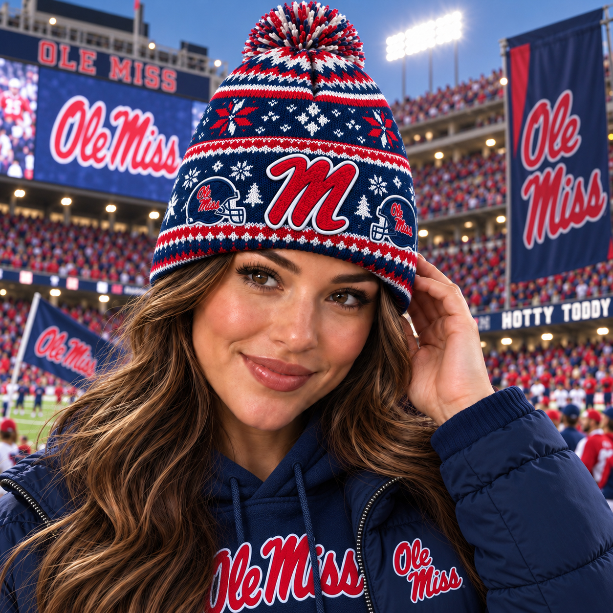 Football Ole Miss Knit Beanie Hat, Red Football Fan Winter Cap, Game Day Sports Gift