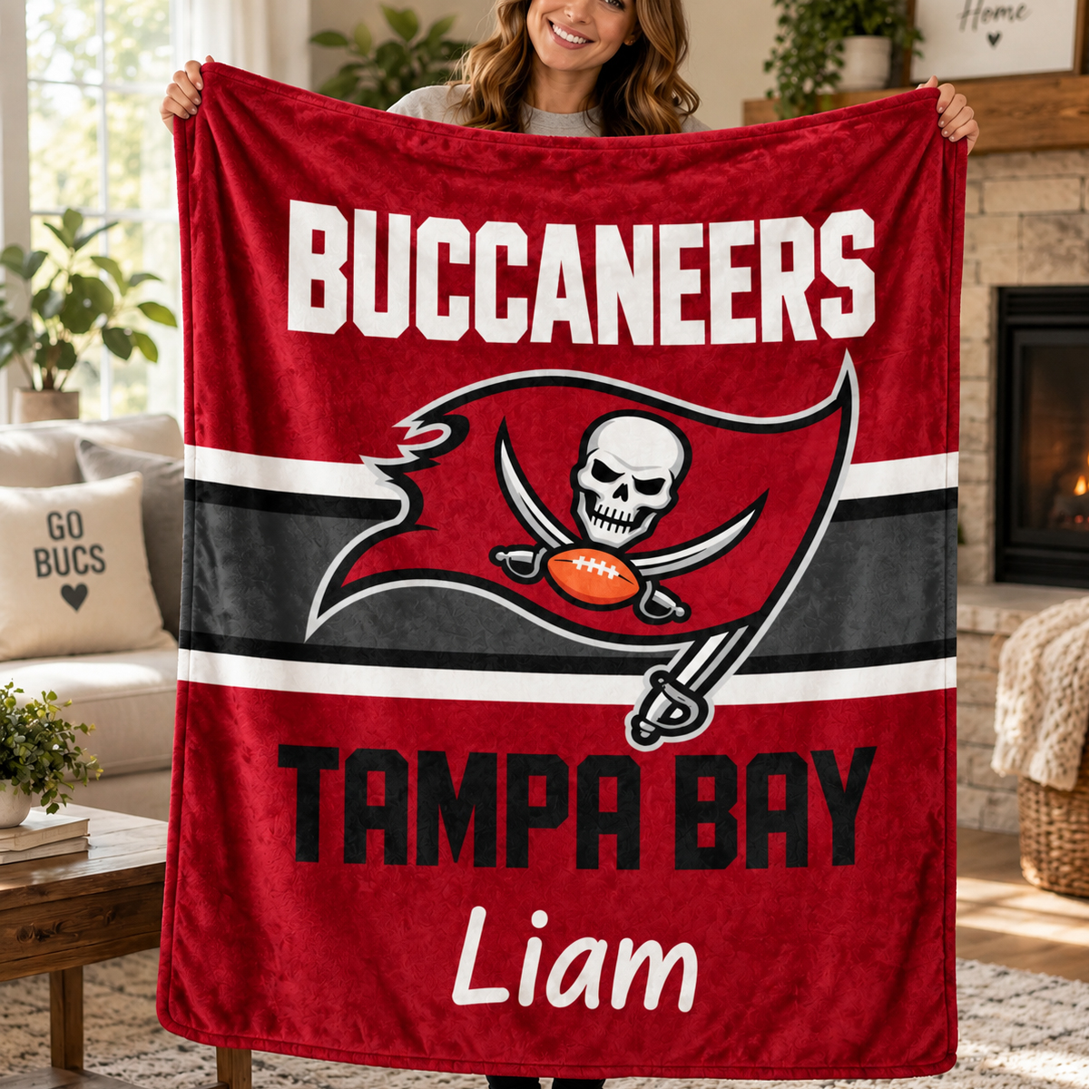 Tampa Bay Buccaneers Throw Blanket, Custom Name Sports Blanket, Red Black Game Day Gift, Football Fan Home Decor
