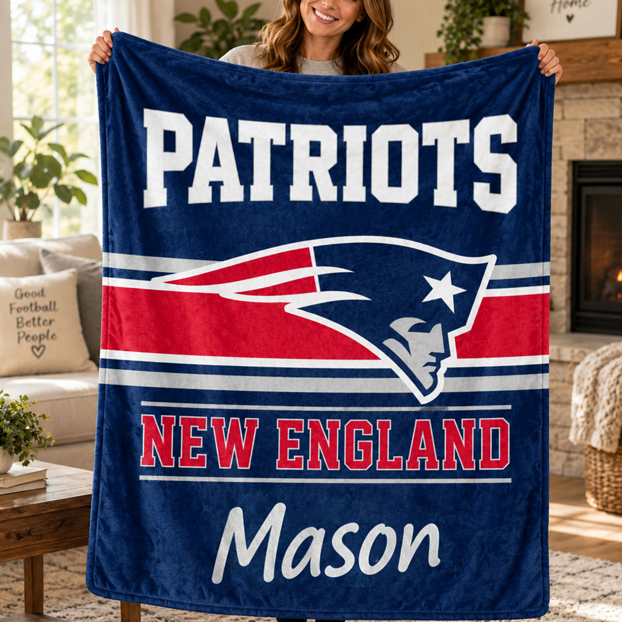 New England Patriots Throw Blanket, Custom Name Sports Blanket, Red Black Game Day Gift, Football Fan Home Decor