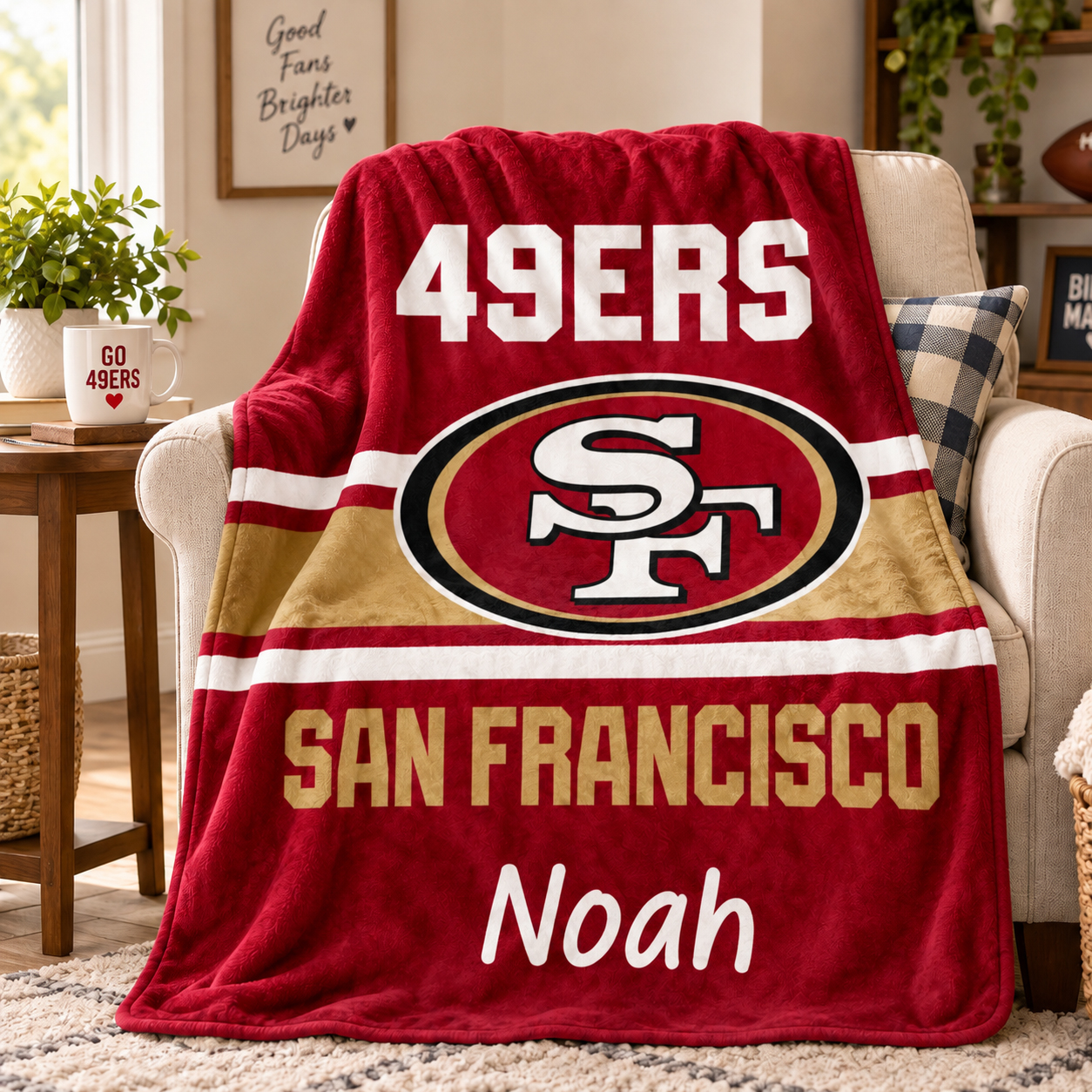 San Francisco 49ers Throw Blanket, Custom Name Sports Blanket, Red Black Game Day Gift, Football Fan Home Decor